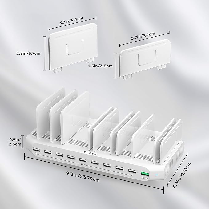 Multiple Device USB Charging Station, 10 Ports Charging Station for Multiple Devices, USB Charging Dock with Adjustable Dividers Compatible with Tablets, Smartphones-60W