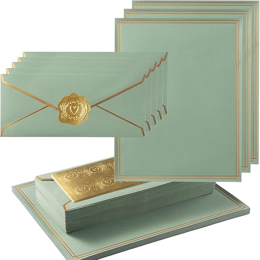 50 Pack Stationery Set with Gold Border, #10 Business Envelopes and 8.5x11 Paper Sheets and Stickers for Writing Letters (Sage-Green, 8.5x11 Inches)