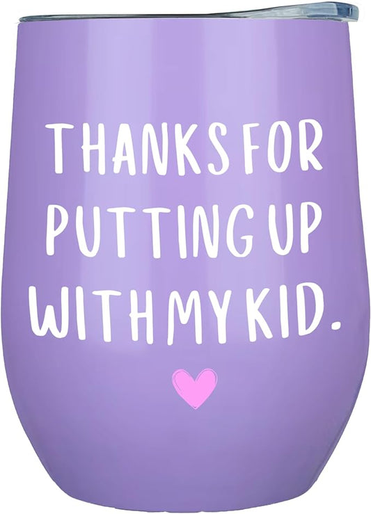 KLUBI Daycare Provider Gifts - Thanks For Putting Up With My Kid Tumbler 12oz Purple Coffee Mug Daycare Teacher Gifts for Teacher Appreciation for Women - Happy Teachers Week Gift for Her
