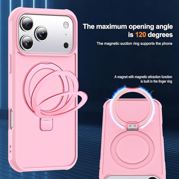Compatible with iPhone 17 Pro Case with Invisible Magnetic O-Ring Stand Military-Grade Translucent Phone Case for iPhone 17 Pro 6.3" [Compatible with Mag-Safe][Great Grip Feeling], Pink