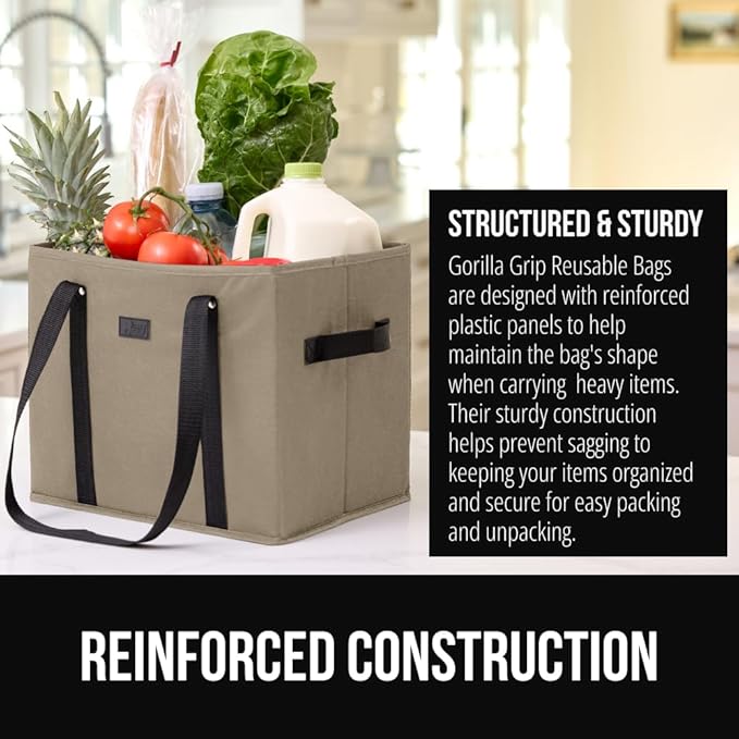 GORILLA GRIP Heavy Duty Foldable Reusable Grocery Bags, 3 Pack, Tear Resistant Box Shape Shopping Tote with Reinforced Handles, Grip Feet, Easily Carry and Transport Groceries, 13x10x11, Beige Black