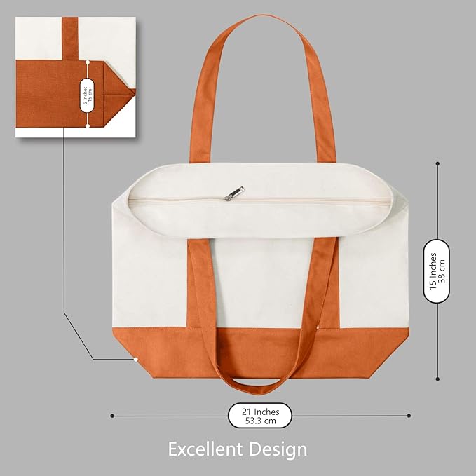 TOPDesign 1-Pack Canvas Tote Bag with an External Pocket, Reusable Grocery Shopping Bag, Top Zipper Closure, Daily Essentials (Orange/Natural)