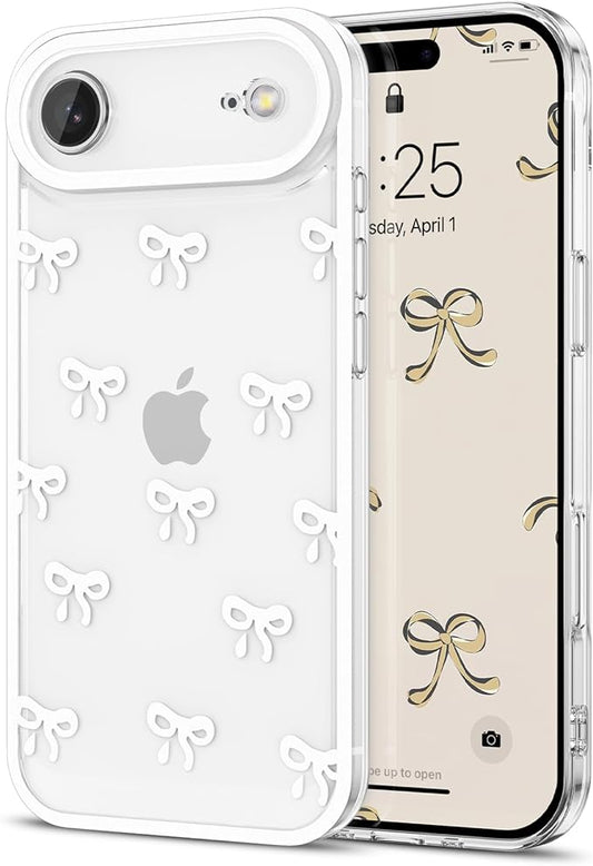 EYZUTAK Case for iPhone Air, Clear Cute Ribbon Bowknot Pattern Aesthetic Transparent Phone Case Raised Camera Protection Stylish Slim Soft Durable TPU Protective Cover for Women Girls - White