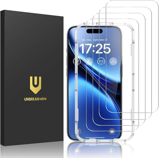 UNBREAKcable 4-Pack Screen Protector for iPhone 17 Pro Max, Double Shatterproof Tempered Glass [Easy Installation Frame] [9H Hardness] [99.99% HD Clear] [Case Friendly] for iPhone 6.9 inch