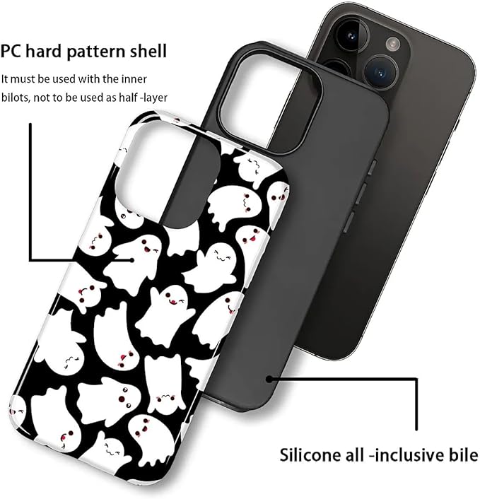Case for iPhone 15 Case,Halloween Ghosts Bats Design - Hybrid Dual Protection Silicone + Hard PC Shockproof Full Body Cover Slim Anti-Scratch Protective Case for Men Women