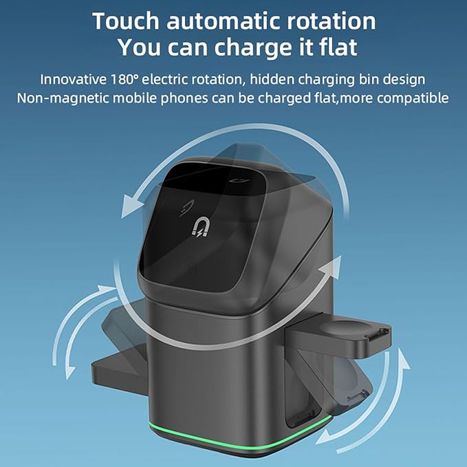 3-in-1 Qi2 Wireless Charger for iPhone/iWatch/AirPods | 15W Fast Charging with Auto-Align Magnetic Design | Smart LED Light & 180°Rotation | Premium Aluminum Alloy (Black)
