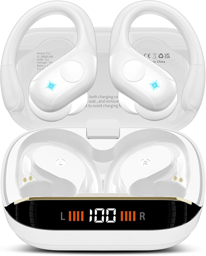 Wireless Earbuds Bluetooth 5.4 Headphones 75H Stereo Deep Bass Sports Over Ear Buds with Earhooks, LED Display Bluetooth Earbuds with 4 ENC Mic, IP7 Waterproof Earphone for Running, White