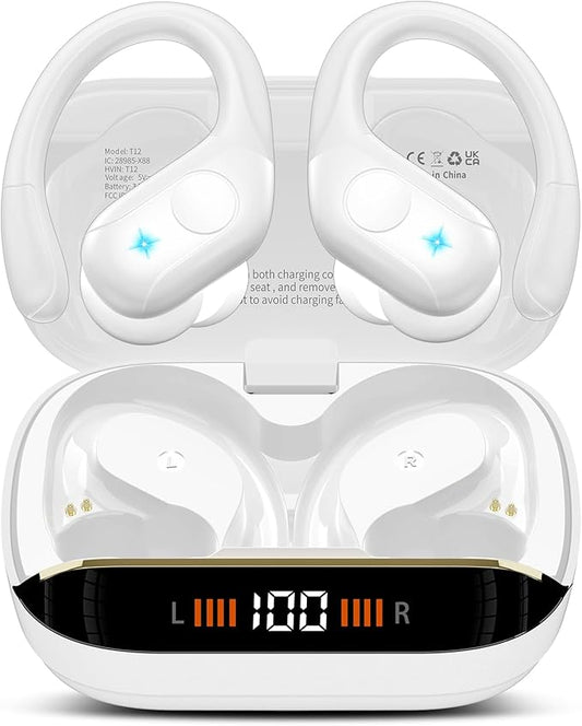Wireless Earbuds Bluetooth 5.4 Headphones 75H Stereo Deep Bass Sports Over Ear Buds with Earhooks, LED Display Bluetooth Earbuds with 4 ENC Mic, IP7 Waterproof Earphone for Running, White