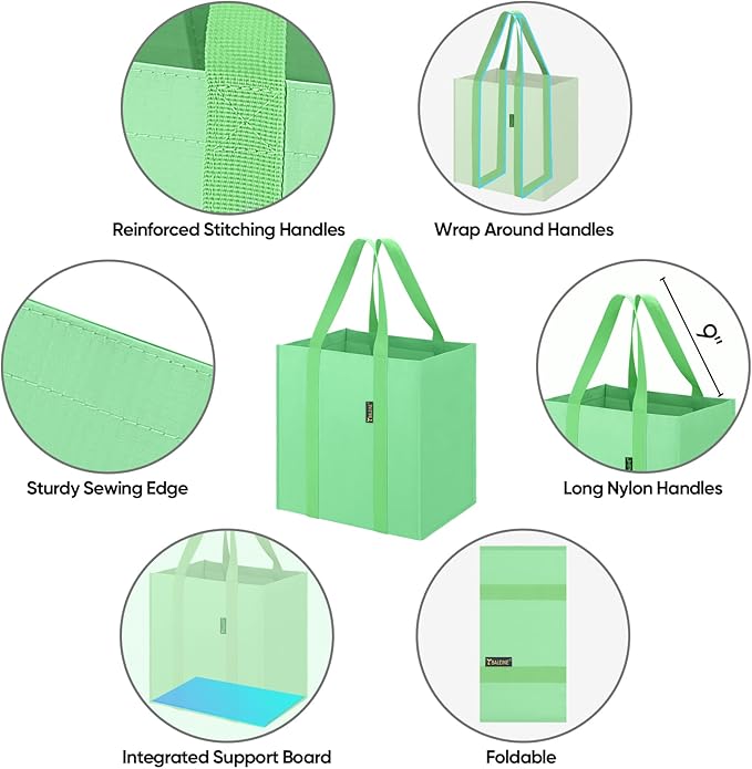 BALEINE 4 PK Grocery Bags Reusable Shopping Bags with Reinforced Bottom, Heavy Duty Foldable Tote BagsLight Green, 4 Pack