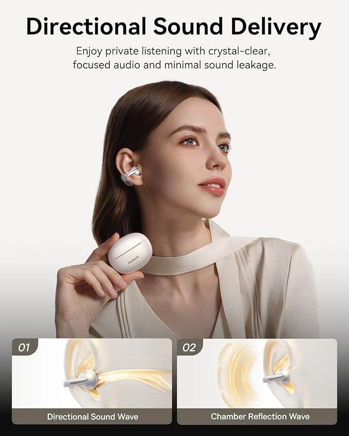 Baseus Bowie MC1 Pro Open Ear Clip-On Headphones, Hi-Res LDAC & HiFi4 Acoustic Sound, 5g Ultra-Lightweight Comfort, SuperBass 2.0, DNN 4-Mic AI Clear Calls, IP67 Waterproof, Bluetooth 6.0 (White)
