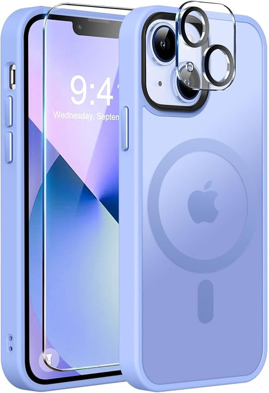 MOCCA Strong Magnetic for iPhone 13 Case, [Compatible with Magsafe][Screen Protector+Camera Lens Protector] Translucent Matte Back Slim Shockproof Case for iPhone 13 Phone Case 6.1", Blue