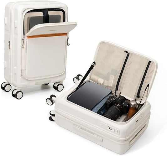 ROAMING Expandable 20 Inch Carry On Luggage with Mute Brake Wheels Airline Approved Hard Shell Suitcases with Front Pocket Top Opening Luggage with TSA Lock for Short Business Travel, Beech white