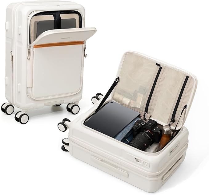 ROAMING Expandable 24-Inch Checked Luggage with Mute Brake Wheels Airline Approved Hard Shell Suitcases with Front Pocket Top Opening Luggage with TSA Lock for Short Business Travel, Beech white