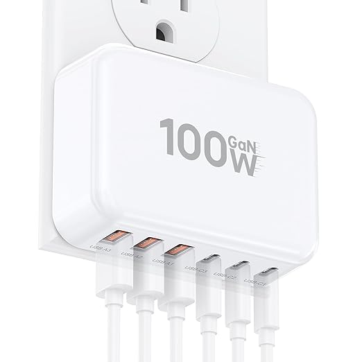 Fast Charger Block, GaN 6 Port USB C Charging Station Hub Cube, 100W Multiport Type C Wall Charger Power Strip Plug with PD 3.0+QC for iPhone 16 15 14 13 12 1 Pro Max XR XS 8 7, Samsung, iPad, Table