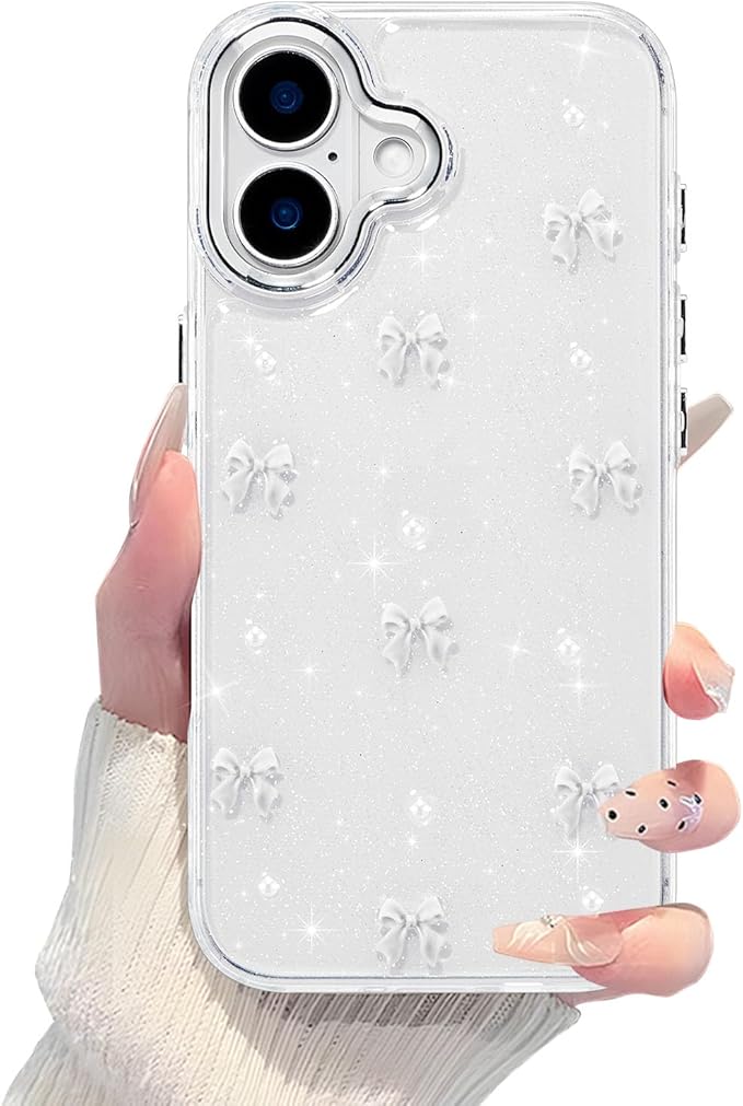 EYZUTAK Case for iPhone 17, Bling Glitter 3D Bowknot Phone Case Cute Sparkly Crystal Clear Bow Aesthetic Design Cover Slim Soft Durable TPU Transparent Protective Cover for Women Girl - White Bow