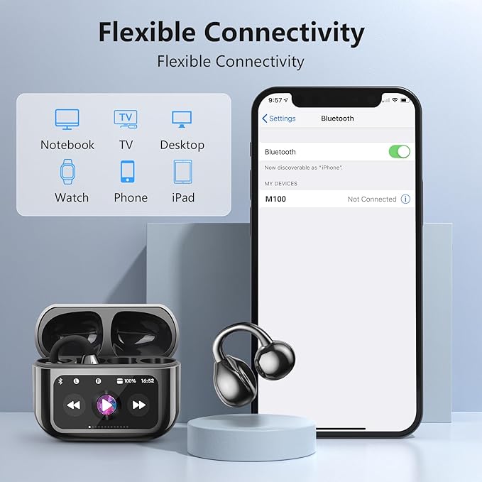 Open Ear Clip On Earbuds Intelligent Touch Color Screen Open Ear Wireless Bluetooth 5.4 Headphones Lightweight Comfort Sport Earbuds Built-in Mic IPX7 Waterproof Earphones for Running Fitness(Black)