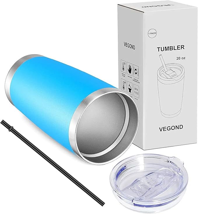 VEGOND 20oz Tumbler with Lid and Straw Stainless Steel Tumbler Cup Bulk Vacuum Insulated Double Wall Travel Coffee Mug Powder Coated Coffee Cup(Sky Blue 6 Pack