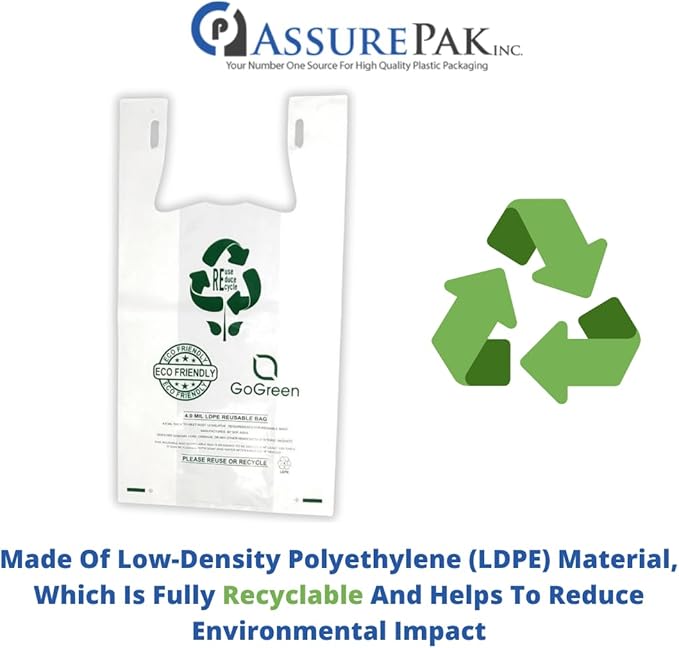 White Reusable/Eco-Friendly LDPE T-Shirt - 1/6 BBL 11.5"X6.5"X21" - 150 Bags - 101 Micron (4.0 mil) - White - WHLD4MREUSE1221