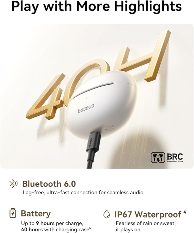 Baseus Bowie MC1 Pro Open Ear Clip-On Headphones, Hi-Res LDAC & HiFi4 Acoustic Sound, 5g Ultra-Lightweight Comfort, SuperBass 2.0, DNN 4-Mic AI Clear Calls, IP67 Waterproof, Bluetooth 6.0 (White)