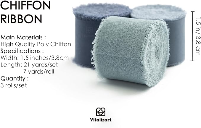 Vitalizart Dusty Blue Handmade Chiffon Silk Ribbon Fringe 1.5" x 21 Yd Frayed Edges Ribbons for Wedding Invitations Bridal Bouquets Gifts Wrapping Crafts Holiday Party Decorations