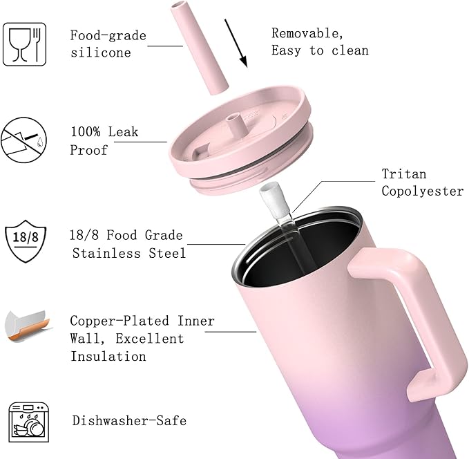 TILUCK 40 oz Tumbler with Handle, Vacuum Insulated Stainless Steel Travel Mug with 100% Leak-Proof Silicone Straw Lid, Cupholder Friendly Water Bottle(PinkPurpleGradient, 40oz)