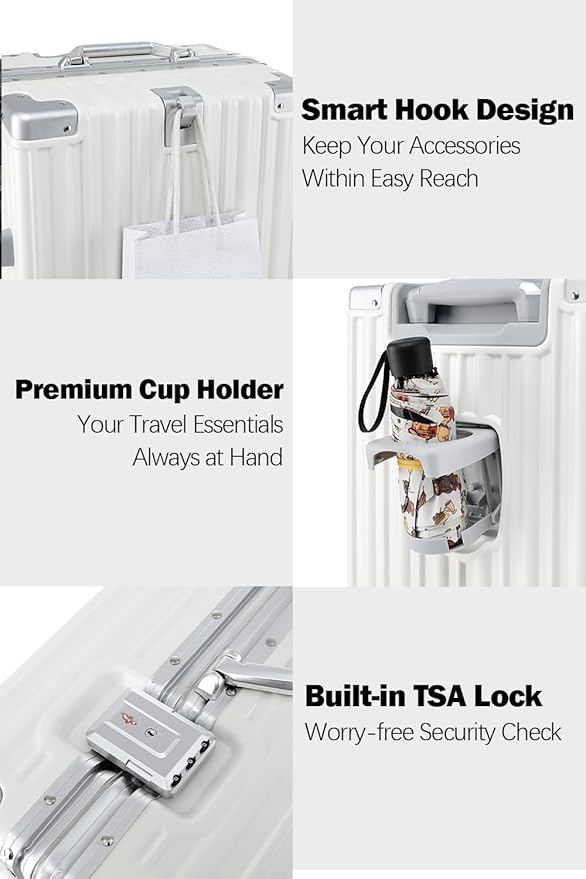 HotWay 24 Inch Aluminum Frame Luggage with Spinner Wheels, PC Hard Shell Suitcase with Cup Holder, Zipperless Luggage for Business Travel, White