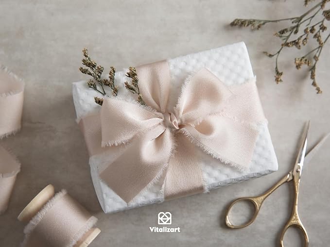 Vitalizart Silk Satin Ribbon 1 Inch x 15 Yard Wooden Spool Light Nude Handmade Frayed Ribbon for Gift Wrapping Baby Shower Wedding Bridal Bouquets Holiday Decor 3 Rolls x 5 Yard