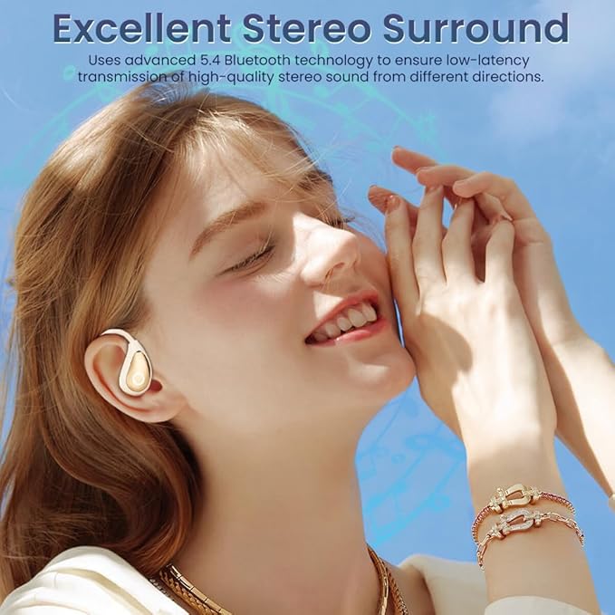 Open Ear Earbuds Wireless Bluetooth Headphones, 60Hrs Playtime Stereo Sound Earphones with IPX7 Waterproof Ear Buds, Ideal for Fitness, Travel - Off White