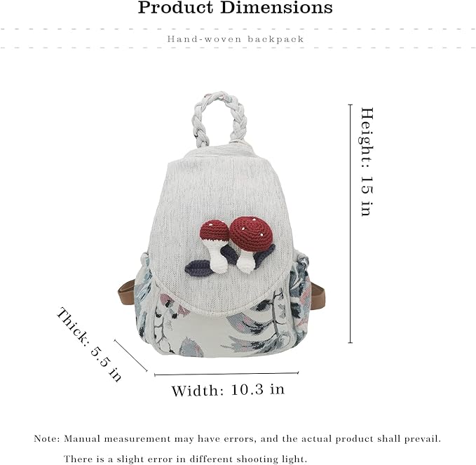 HUANGGUOSHU Women Cotton Woven Bohemian Hemp Boho Canvas Embroidery Multi Pocket Retro Cute Backpack Wallet Backpack（Mushroom）