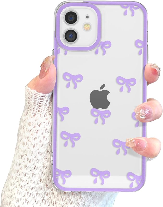 EYZUTAK Case for iPhone 11, Clear Cute Ribbon Bowknot Pattern Aesthetic Transparent Phone Case Raised Camera Protection Stylish Slim Soft Durable TPU Protective Cover for Women Girls - Purple