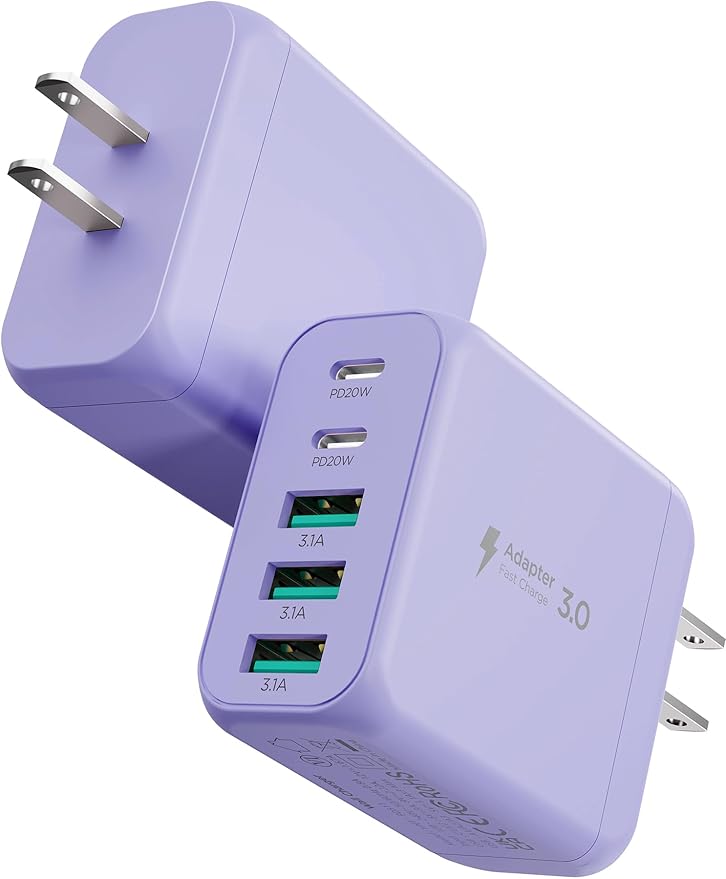 USB C Charger Block,EIZLXQ [2-Pack] Type C Charger Fast Charging,50W 5-Port USB Wall Chargers Multiport Type C Charging Block Cube for iPhone 16 15 14 13 12 11 Pro Max XS,iPad,Samsung&More-Purple