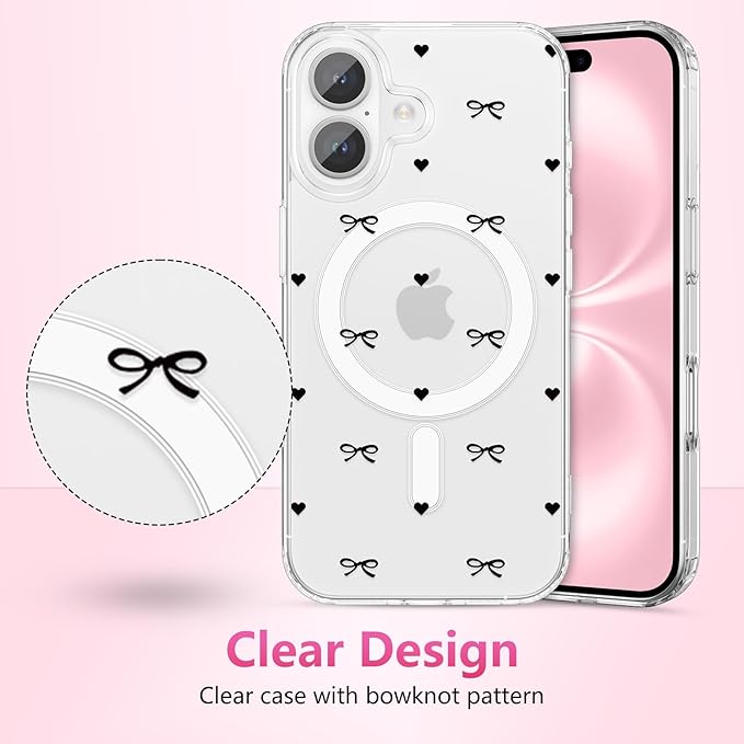 ZTOFERA for iPhone 16 Magnetic Case Clear,Cute Love Heart Ribbon Bow Tie Aesthetic Phone Case,Transparent Trendy Slim Soft Shockproof Protective Phone Cover for Women Girls,Black