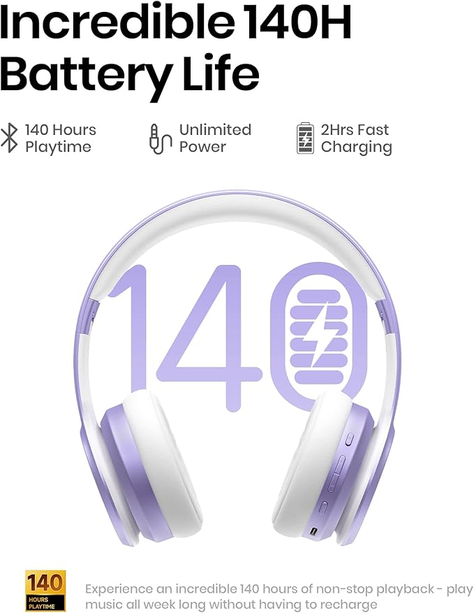 Picun Solo6 Wireless Bluetooth Headphones, 5EQ Music Mode, On-Ear Headphone with Built-in Microphone, Foldable Headset with 140H Battery Life, App Control for Girls, Home, School, Travel (Purple)
