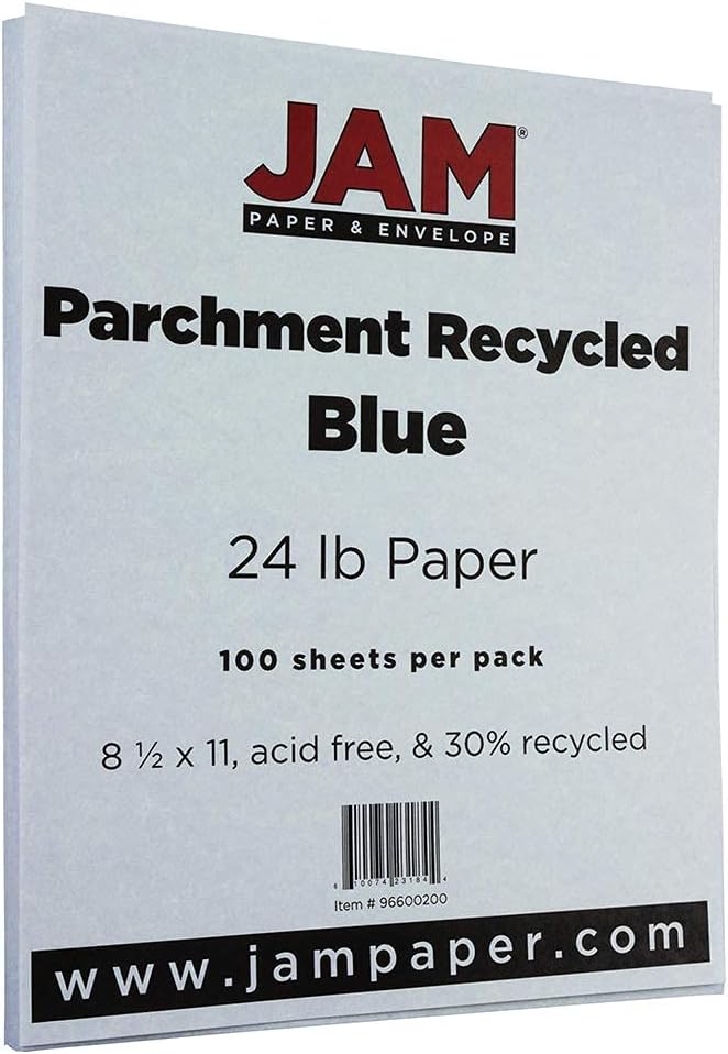 JAM PAPER Parchment 24lb Paper - 90 gsm - 8.5 x 11 - Blue Recycled - 100 Sheets/Pack