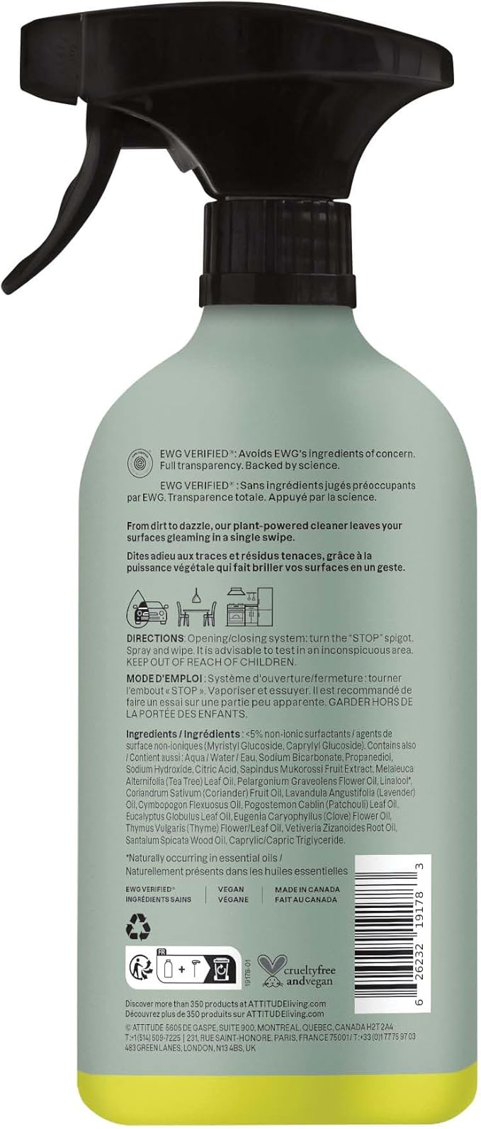 ATTITUDE All-Purpose Cleaner Spray, Natural Origin Ingredients, EWG Verified, Ammonia-Free, Removes Fingerprints, Dust and Dirt, Streak-Less, Geranium & Lemongrass, 26 Fl Oz