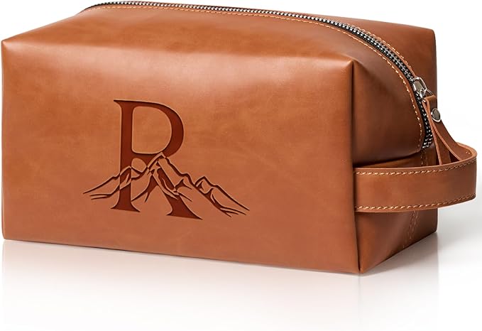 Personalized Gifts Travel Toiletry Bag for Men Engraved Initial PU Leather Waterproof Shaving Bag for Toiletries Accessories Fathers Day Birthday Gift for Men Dad Husband Son, Light Brown R