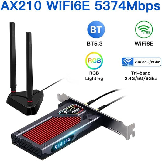 fenvi AX210 WiFi 6E PCI-E WiFi Adapter BT5.2 RGB Gaming 802.11ax ac 160MHz 2.4GHz 5GHz 6GHz Tri-Band 5400Mbps AX210NGW Desktop WiFi Card for PC Windows(Only WiFi 6E Router Antennas Support 6Ghz Band)