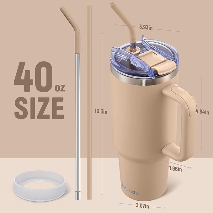 40 oz Tumbler with Handle and Straw Lid,Insulated Reusable Stainless Steel Water Bottle Travel Mug，Cupholder Friendly Double Wall Vacuum Sealed Cup (Mocha)