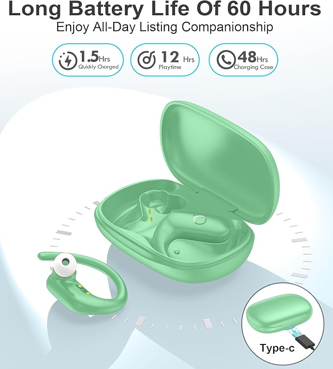 MOZOTER Wireless Earbuds Bluetooth Headphones Sport,Over Ear Buds with Deep Bass Sound,60Hrs Playtime Earphones Redesigned Comfort Fit with Earhooks for Running,Meeting,Workout- Green