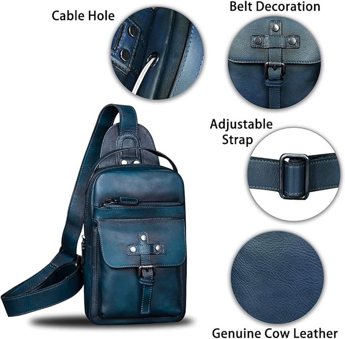 IVTG Genuine Leather Sling Bag Chest Shoulder Fanny Bag Hiking Backpack Vintage Handmade Crossbody Daypack