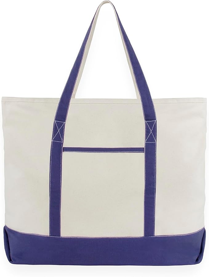 Extra Large Zippered Canvas Tote Bag - 22 Inches, Heavy Duty, Zipper Top Canvas Bag - 100% Cotton, Reusable, Washable, Sturdy, Double Stitched Picnic, Grocery Cotton Shopping Bag with Zipper (Blue)