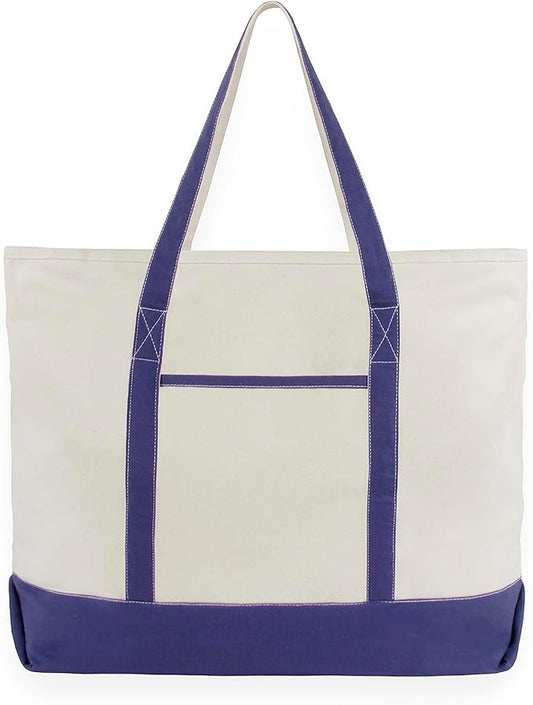 Extra Large Zippered Canvas Tote Bag - 22 Inches, Heavy Duty, Zipper Top Canvas Bag - 100% Cotton, Reusable, Washable, Sturdy, Double Stitched Picnic, Grocery Cotton Shopping Bag with Zipper (Blue)