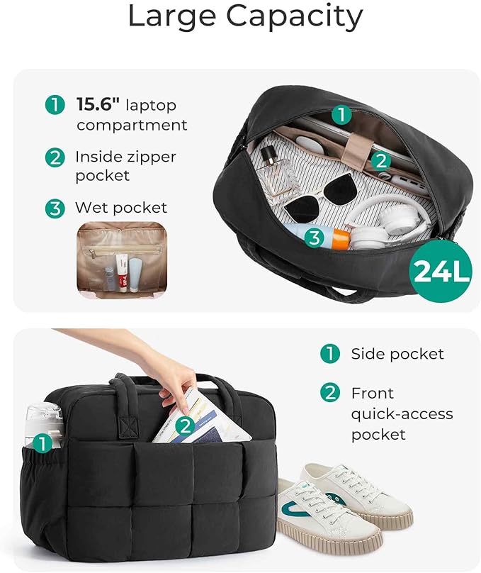 BAGSMART Gym Bag for Women, 24L Puffer Travel Duffle Bag for Travel with Laptop Compartment, Weekender Bags for Women, Carry On Duffel Bag Personal Item Bag, Black