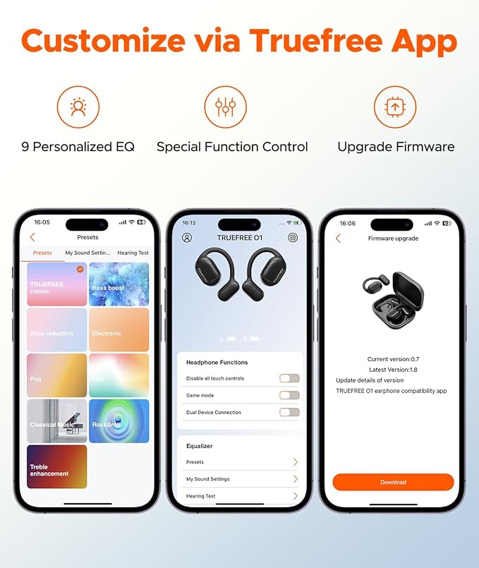 truefree O1 Open Ear Headphones Bluetooth 5.3 Wireless Open Ear Earbuds with 16.2mm Driver, Immersive Stereo Sound, Noise-Cancellation Mic for Clear Calls, 45H Playtime, for Sports Workout