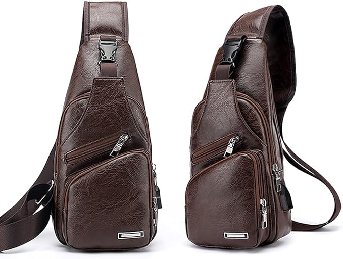 Peicees Leather Sling Bag Mens Crossbody Bag Chest Bag Sling Backpack for Men with USB Charge Port