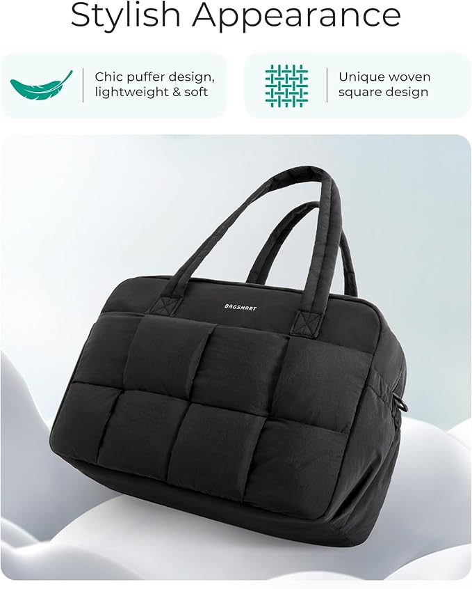 BAGSMART Gym Bag for Women, 24L Puffer Travel Duffle Bag for Travel with Laptop Compartment, Weekender Bags for Women, Carry On Duffel Bag Personal Item Bag, Black