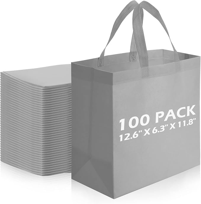Reginary Reusable Totes Bags - 100 Pcs Non Woven Grocery Handle Bags for Shop Events & Retail Store(Gray)