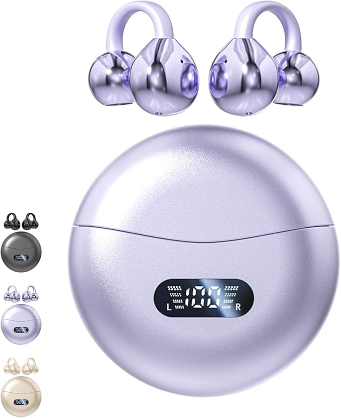 Clip on Earbuds Open Ear Wireless Bluetooth 5.4 Headphones with Mic,60H Play,Noise Cancelling,Waterproof,Sports Ear Buds,Comfortable for Small Ears & Glasses Wearers,Workouts (Purple)