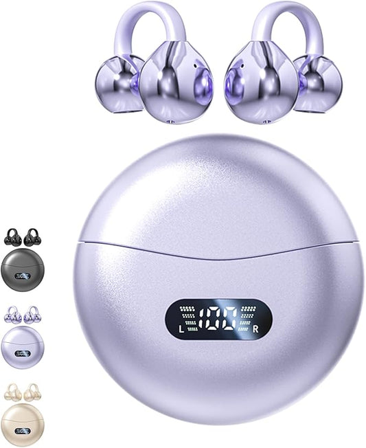 Clip on Earbuds Open Ear Wireless Bluetooth 5.4 Headphones with Mic,60H Play,Noise Cancelling,Waterproof,Sports Ear Buds,Comfortable for Small Ears & Glasses Wearers,Workouts (Purple)