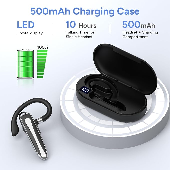 Bluetooth Headset, Wireless Bluetooth Earpiece with 500mAh Charging Case 120 Hours Talking Time Built-in Microphone for iOS Android Cell Phone, V5.3 Hand-Free Headphones for Trucker, Office